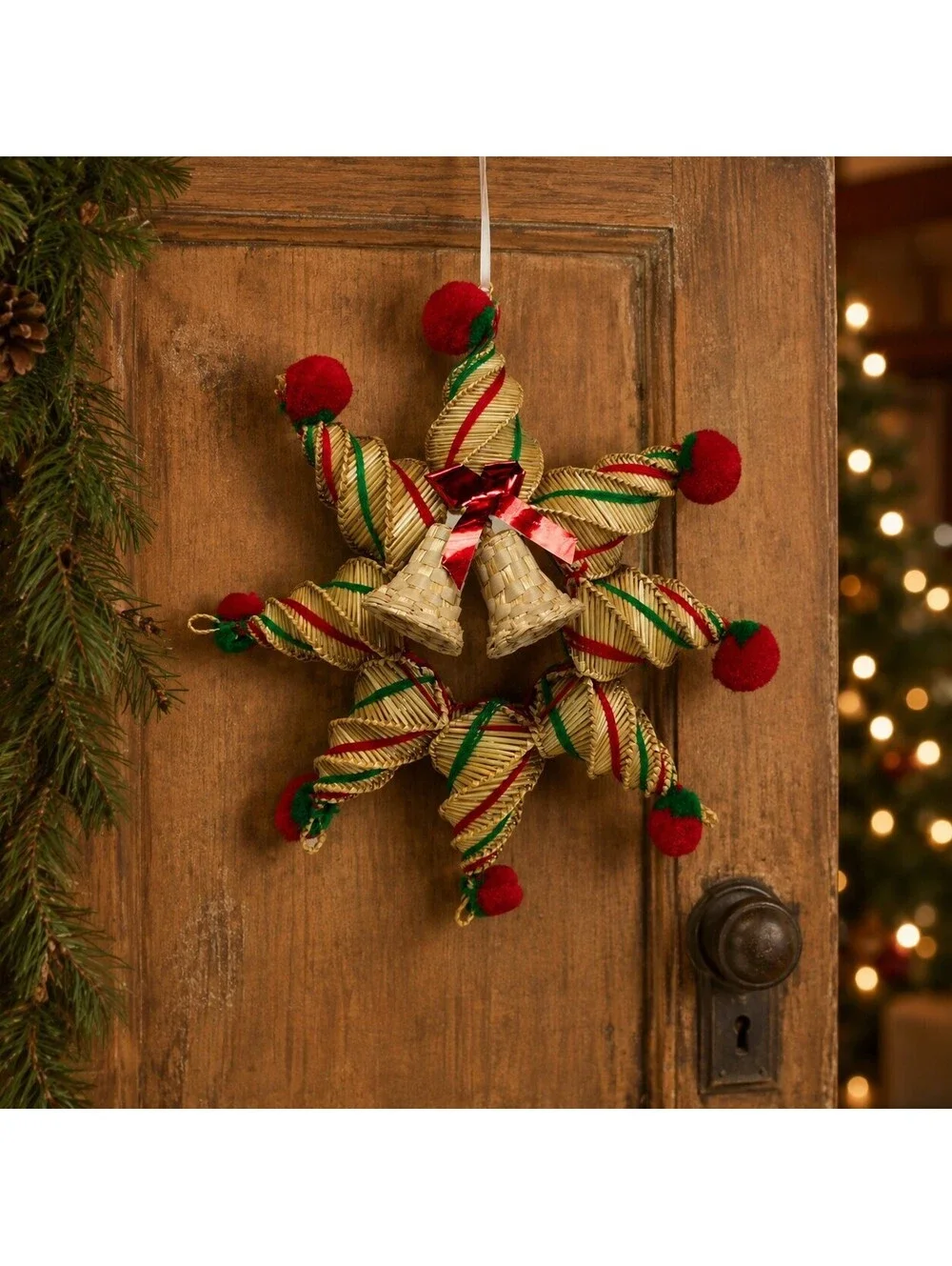 Vintage Scandinavian Style Straw Christmas Star Wreath Bells 13 Inch